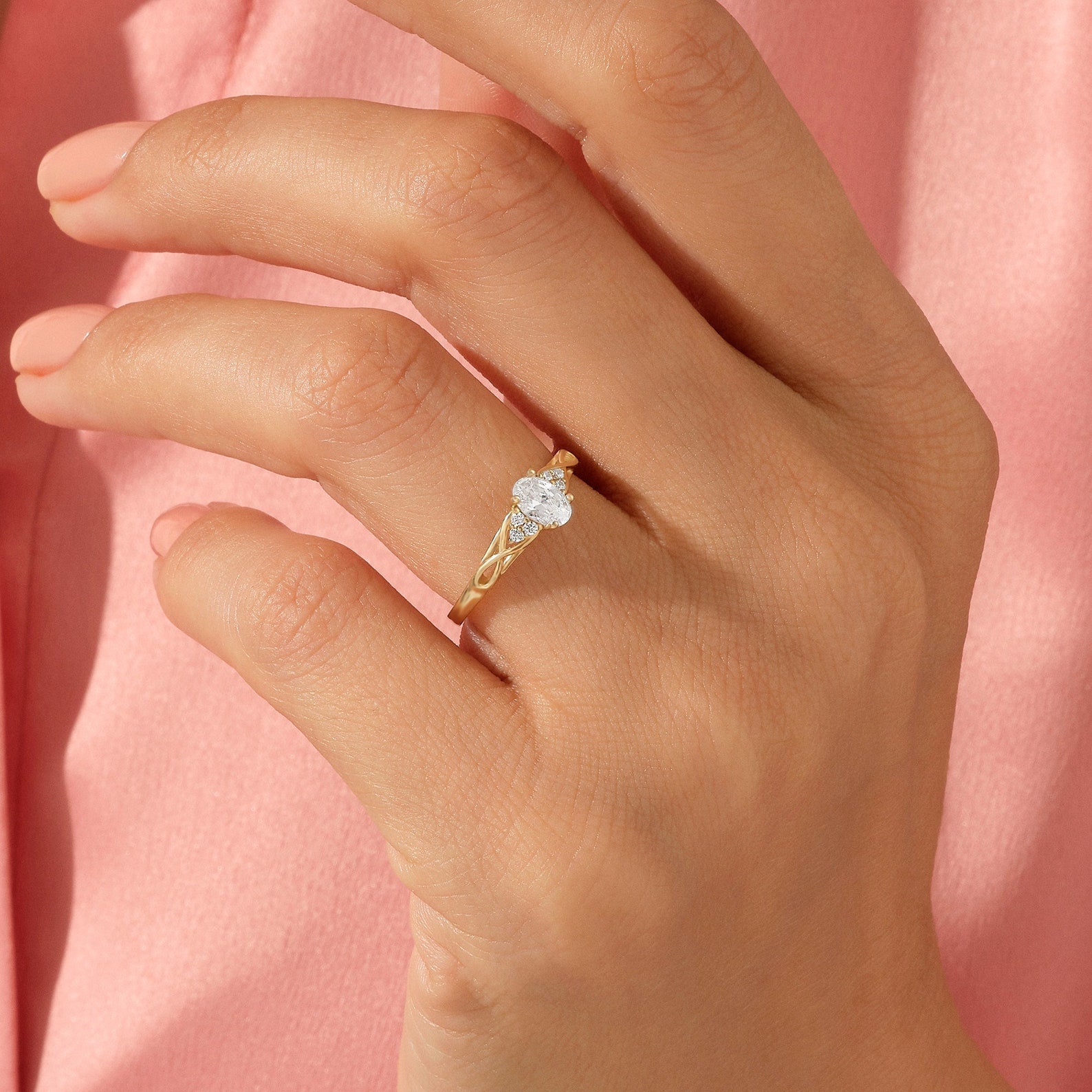 14k Gold Engagement Ring Minimalist Oval Solitaire with Simulated Diamond