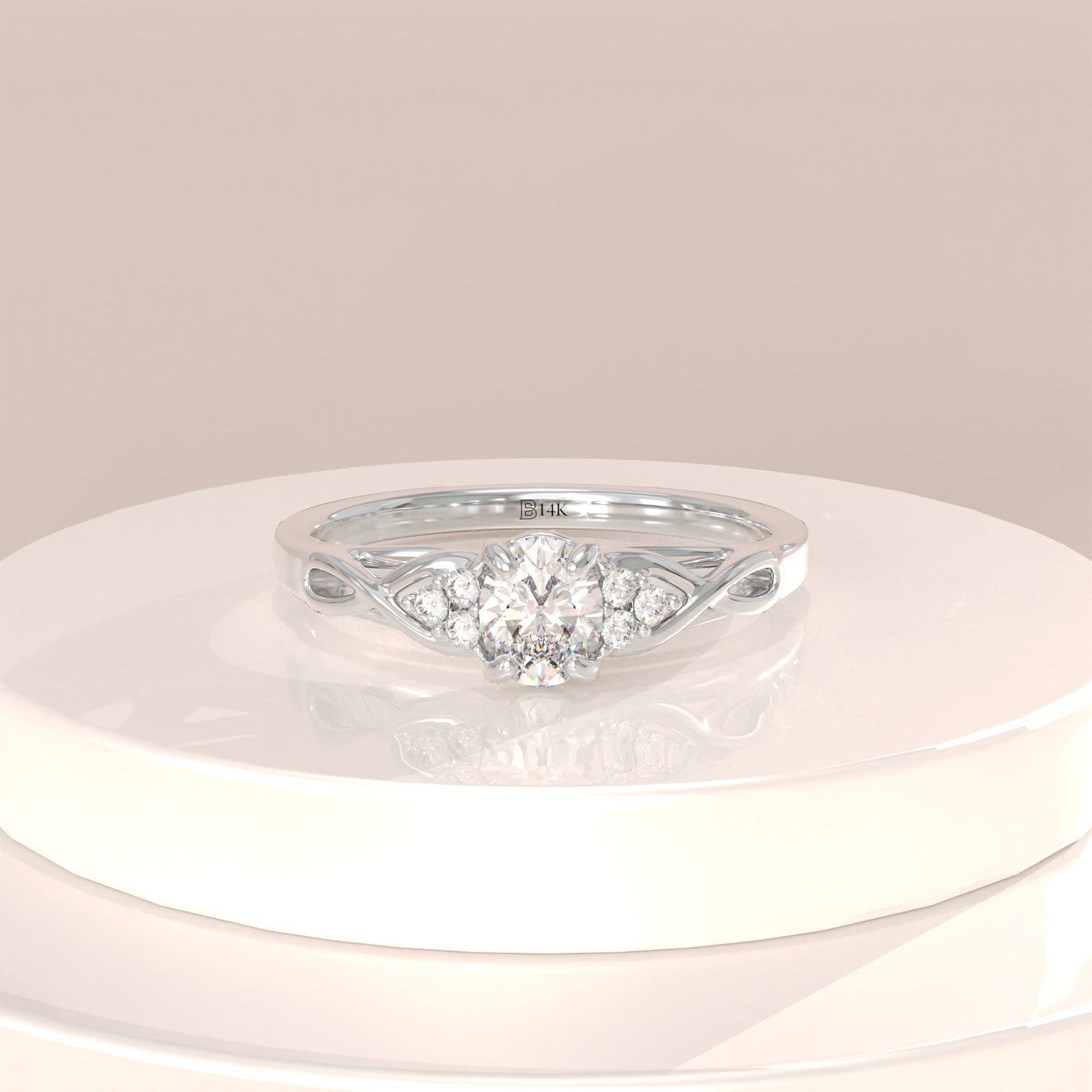 14k Gold Engagement Ring Minimalist Oval Solitaire with Simulated Diamond