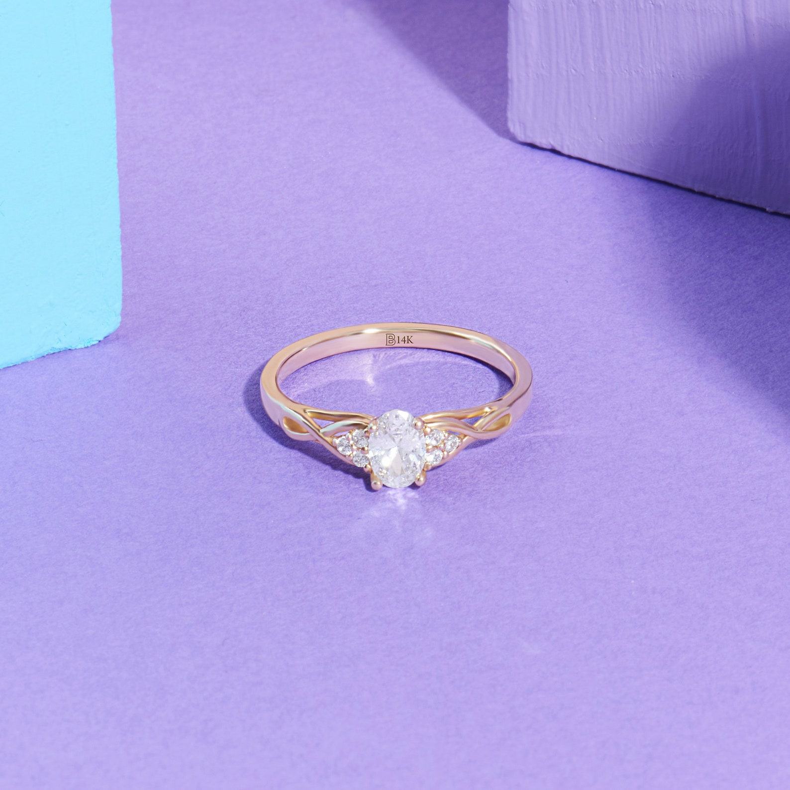 14k Gold Engagement Ring Minimalist Oval Solitaire with Simulated Diamond