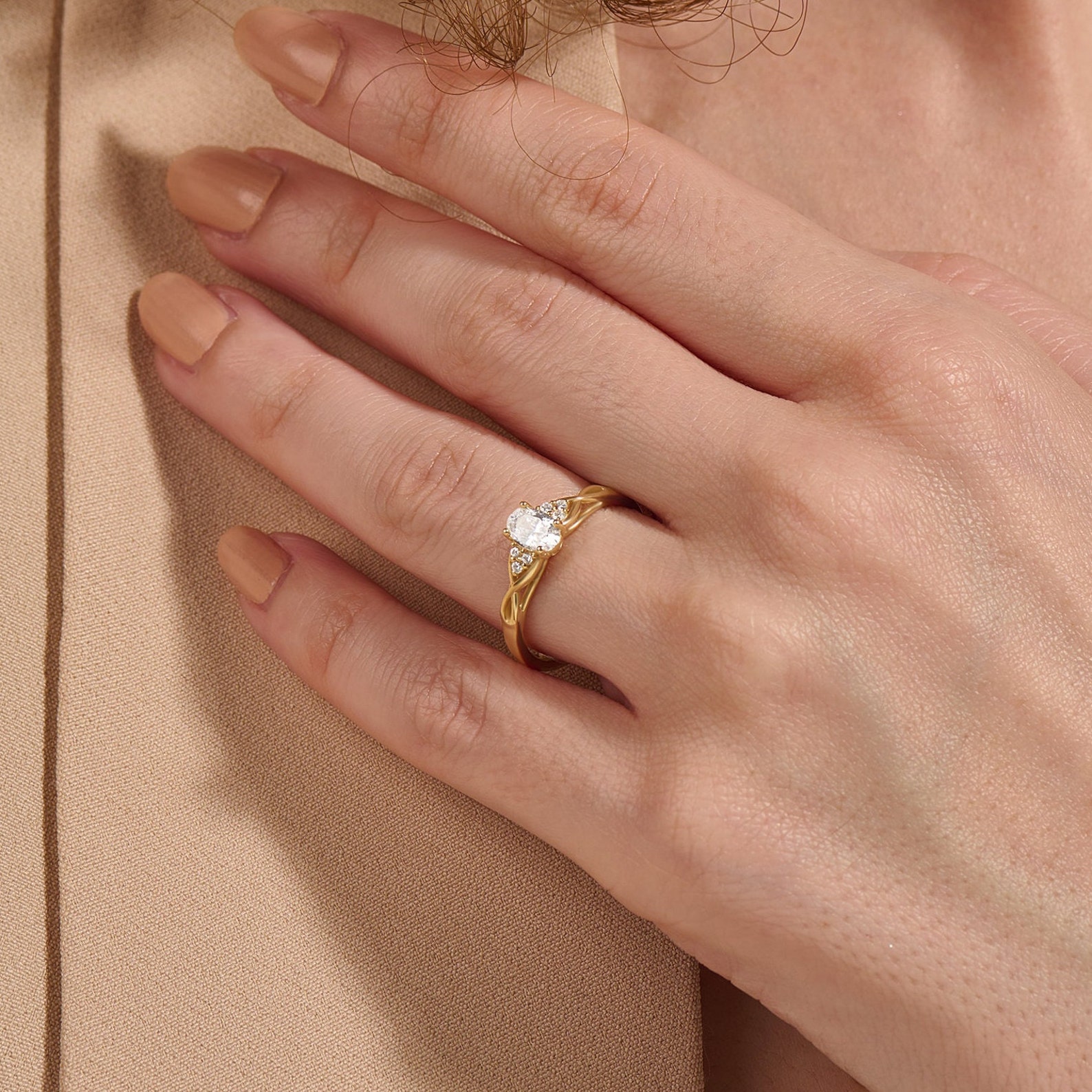 14k Gold Engagement Ring Minimalist Oval Solitaire with Simulated Diamond