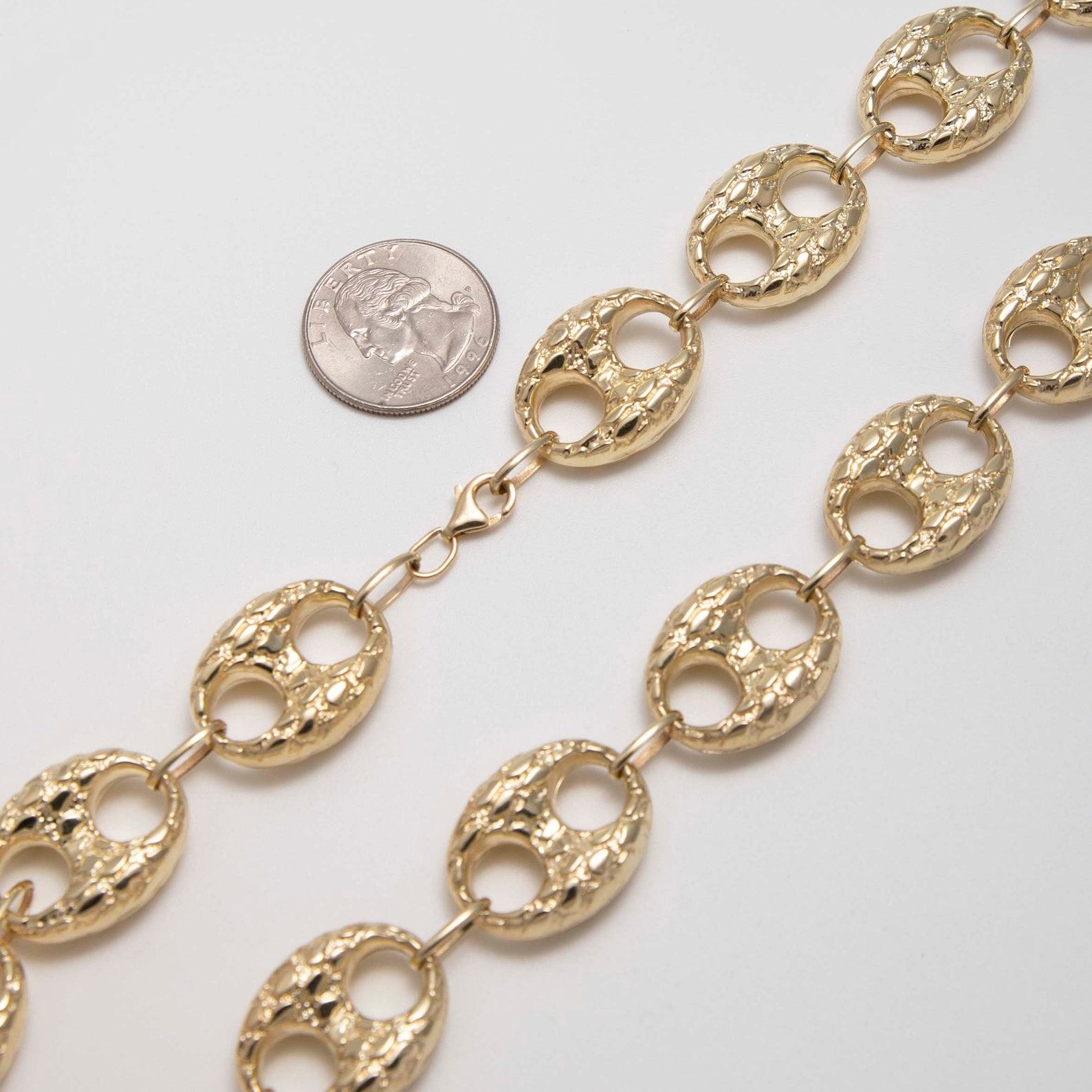 19mm Puffed Mariner Anchor Nugget Textured Chain Necklace in Genuine 10K Yellow Gold