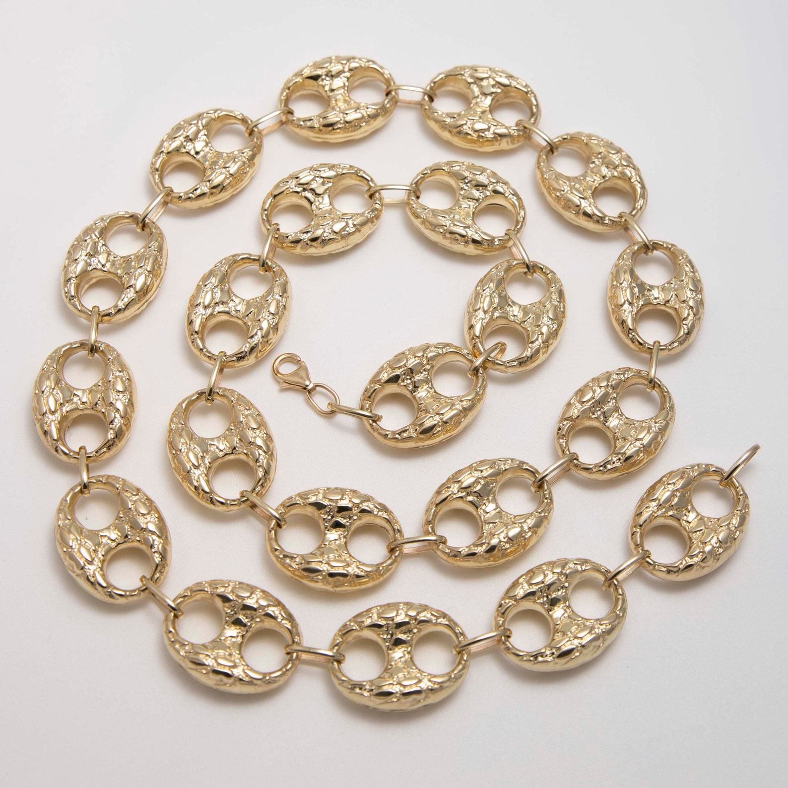 19mm Puffed Mariner Anchor Nugget Textured Chain Necklace in Genuine 10K Yellow Gold