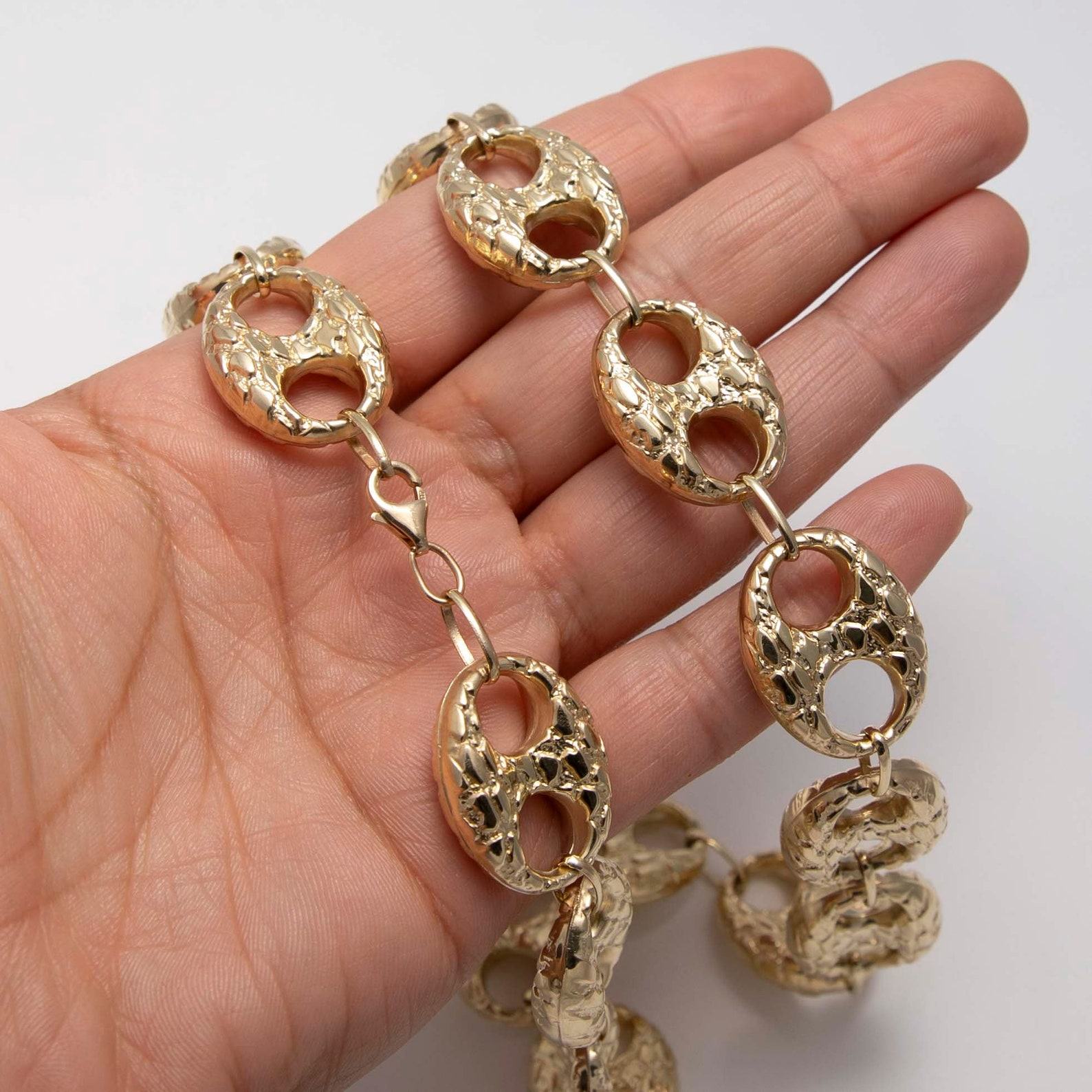 19mm Puffed Mariner Anchor Nugget Textured Chain Necklace in Genuine 10K Yellow Gold