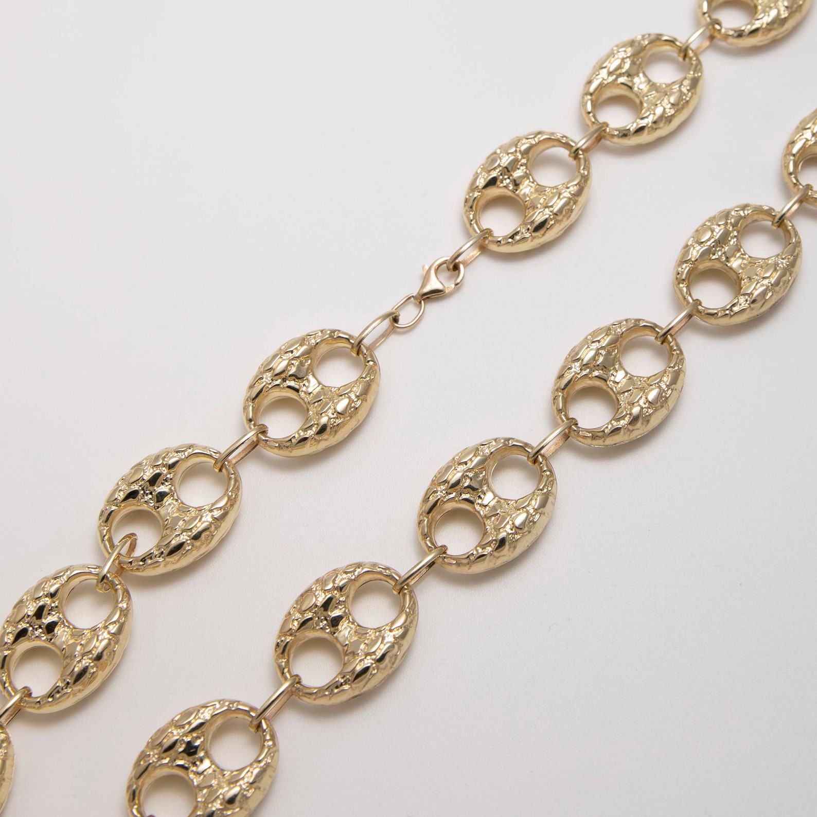 19mm Puffed Mariner Anchor Nugget Textured Chain Necklace in Genuine 10K Yellow Gold