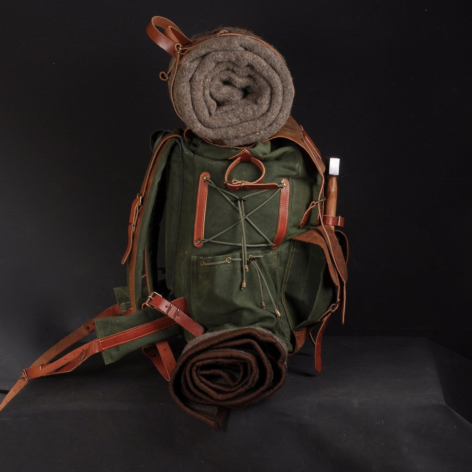 80L-30L Waxed Canvas Backpack Handmade Leather, Adventure-Ready for Camping, Hunting, Bushcraft, Travel