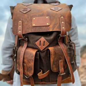 80L-30L Waxed Canvas Backpack Handmade Leather, Adventure-Ready for Camping, Hunting, Bushcraft, Travel