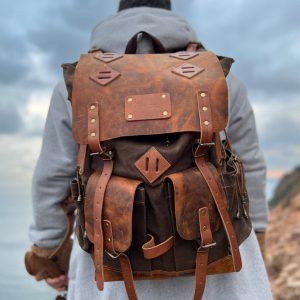 80L-30L Waxed Canvas Backpack Handmade Leather, Adventure-Ready for Camping, Hunting, Bushcraft, Travel