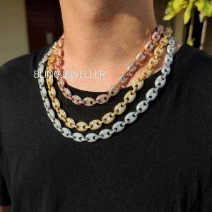 925 Sterling Silver Gucci-Link Chain with VVS1 Moissanite Diamonds, 14K Gold Plated, 12MM – 16-26 Inches