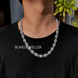 925 Sterling Silver Gucci-Link Chain with VVS1 Moissanite Diamonds, 14K Gold Plated, 12MM – 16-26 Inches