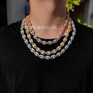 925 Sterling Silver Gucci-Link Chain with VVS1 Moissanite Diamonds, 14K Gold Plated, 12MM – 16-26 Inches