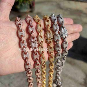 925 Sterling Silver Gucci-Link Chain with VVS1 Moissanite Diamonds, 14K Gold Plated, 12MM – 16-26 Inches