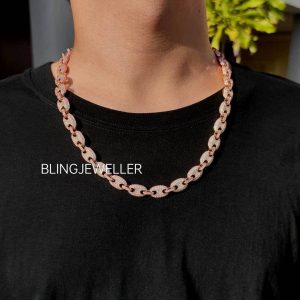 925 Sterling Silver Gucci-Link Chain with VVS1 Moissanite Diamonds, 14K Gold Plated, 12MM – 16-26 Inches