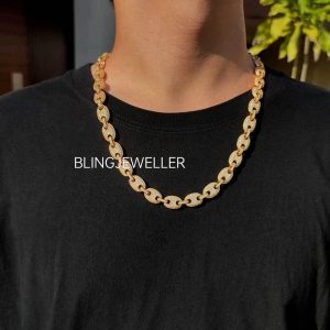 925 Sterling Silver Gucci-Link Chain with VVS1 Moissanite Diamonds, 14K Gold Plated, 12MM – 16-26 Inches