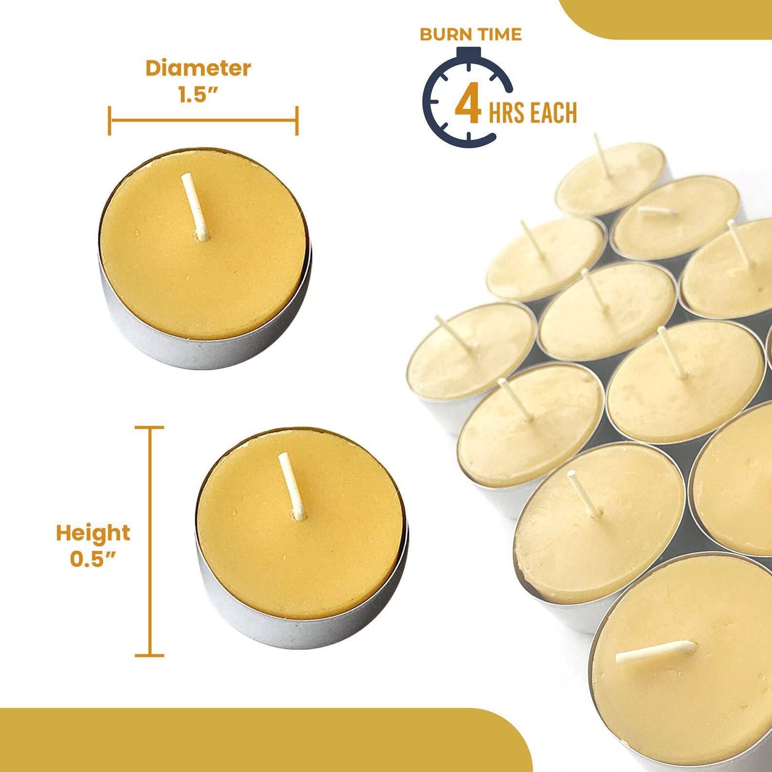 95% Pure Beeswax Tea Light Candles Natural, Handmade, Unscented with Honey Scent (4-Hour Burn Time)