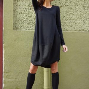 Aakasha A02546 Oversized Black Tunic – Linen Cotton, Loose Casual Top, Extravagant Long Sleeve Dress