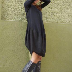 Aakasha A02546 Oversized Black Tunic – Linen Cotton, Loose Casual Top, Extravagant Long Sleeve Dress