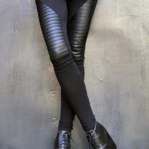 Aakasha A05125 Black Extra Long Leggings with Genuine Leather Front and Viscose Back