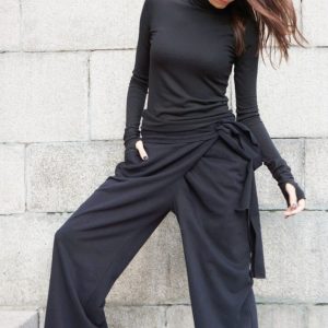 Aakasha A05557 Handcrafted Extravagant Black Cotton Loose Wide-Leg Pants for Autumn