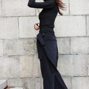 Aakasha A05557 Handcrafted Extravagant Black Cotton Loose Wide-Leg Pants for Autumn