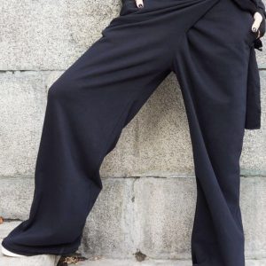 Aakasha A05557 Handcrafted Extravagant Black Cotton Loose Wide-Leg Pants for Autumn