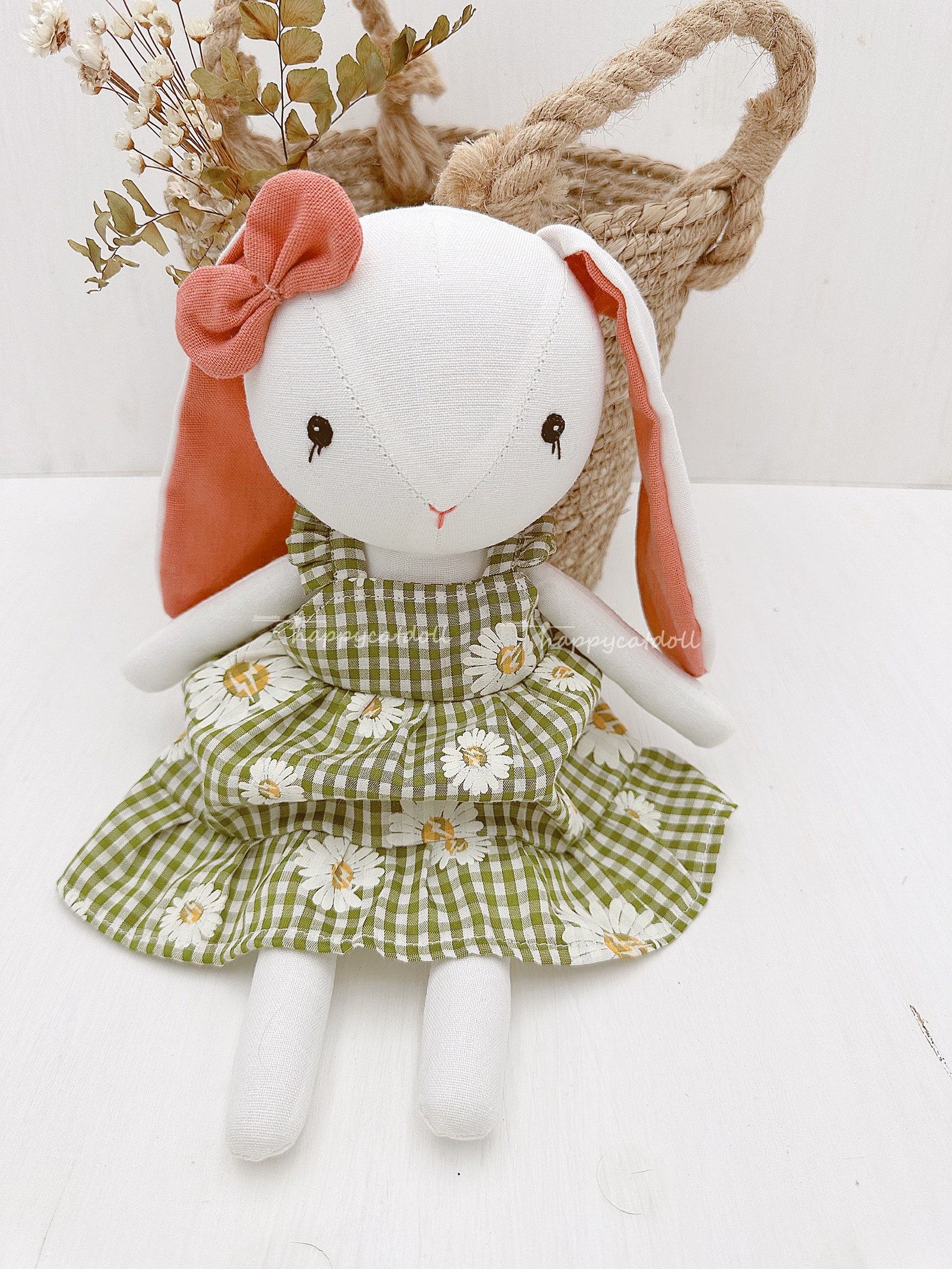 Adorable Handmade Bunny Rabbit Doll with Green Daisy Dress A Interesting Item for Birthdays and Special Occasions - Image 3