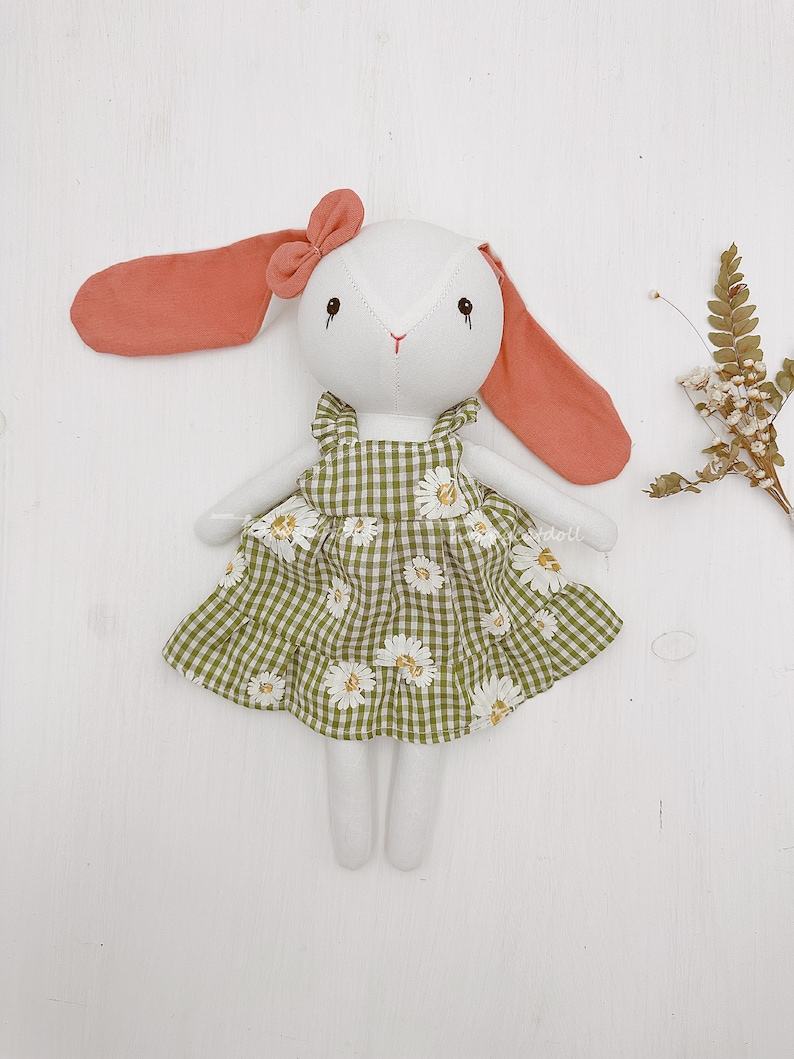 Adorable Handmade Bunny Rabbit Doll with Green Daisy Dress A Interesting Item for Birthdays and Special Occasions