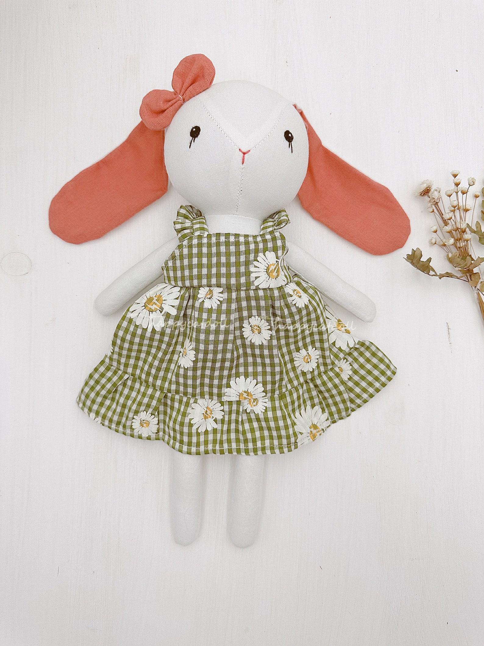 Adorable Handmade Bunny Rabbit Doll with Green Daisy Dress A Interesting Item for Birthdays and Special Occasions - Image 4