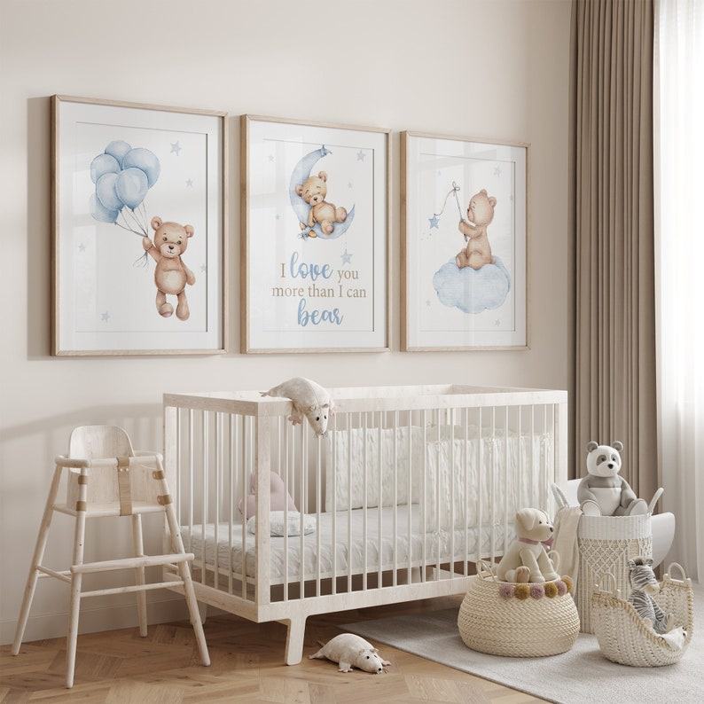 Adorable Teddy Bear Nursery Prints A Charming Trio for Your Little Boy’s Room