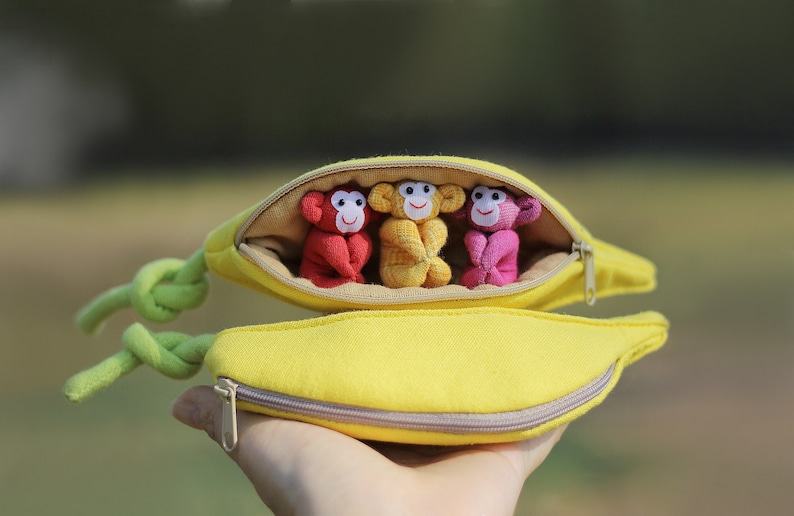 Adorable Trio of Monkeys in a Banana Zip Purse Handmade Organic Plush Toys for Home Decor or Children’s Items