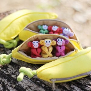Adorable Trio of Monkeys in a Banana Zip Purse Handmade Organic Plush Toys for Home Decor or Children’s Items