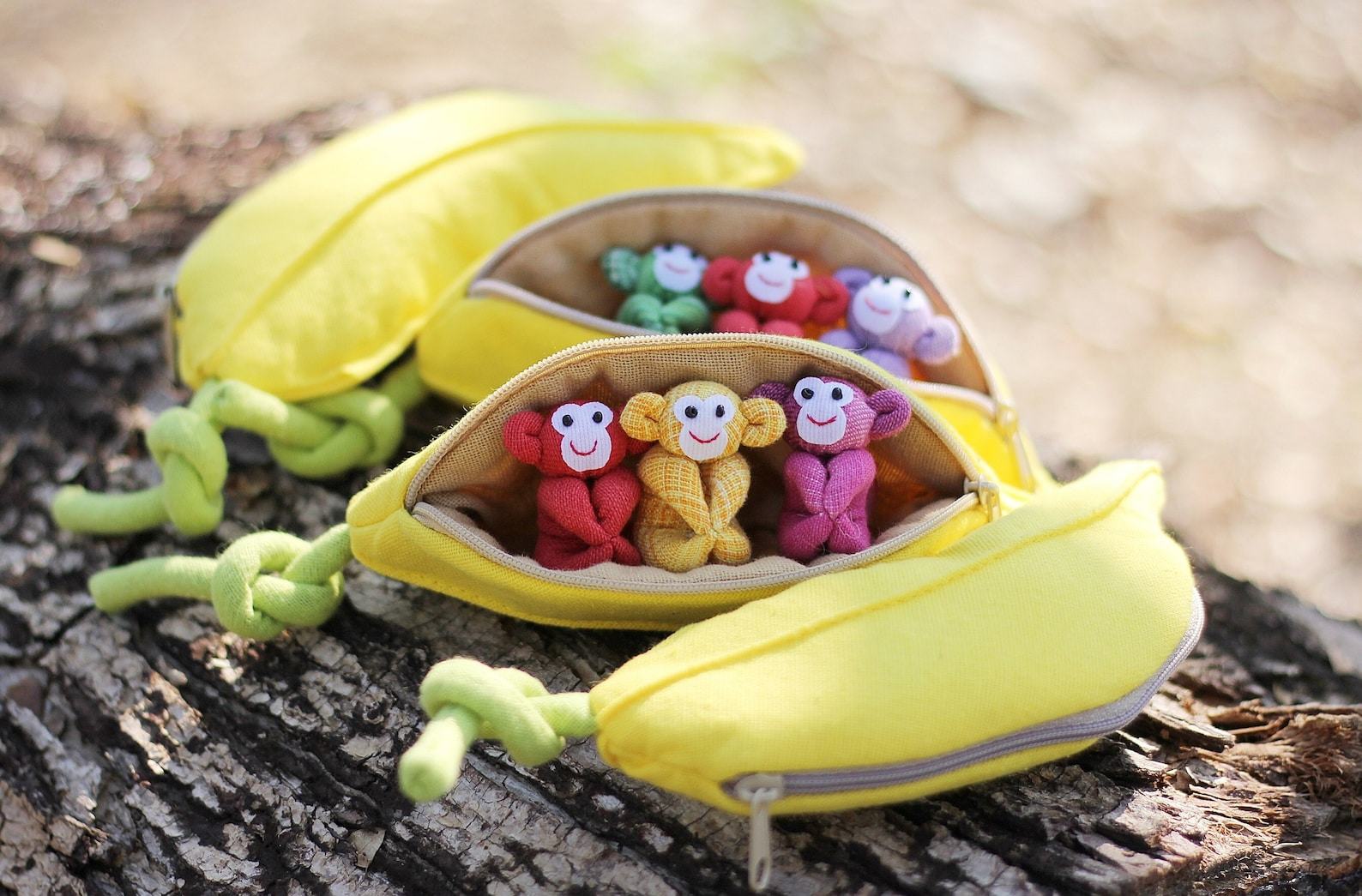 Adorable Trio of Monkeys in a Banana Zip Purse Handmade Organic Plush Toys for Home Decor or Children’s Items - Image 3