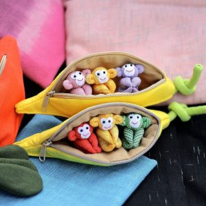 Adorable Trio of Monkeys in a Banana Zip Purse Handmade Organic Plush Toys for Home Decor or Children’s Items