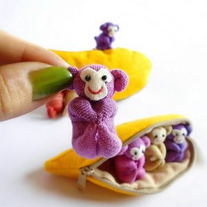 Adorable Trio of Monkeys in a Banana Zip Purse Handmade Organic Plush Toys for Home Decor or Children’s Items