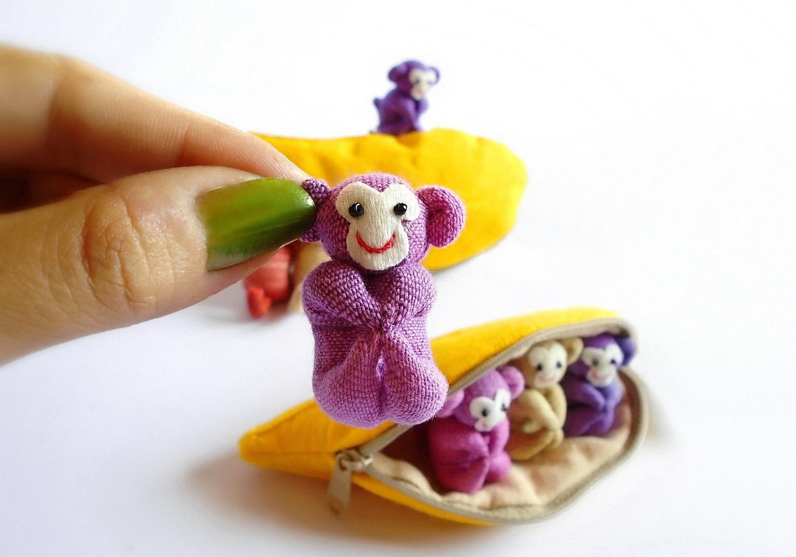 Adorable Trio of Monkeys in a Banana Zip Purse Handmade Organic Plush Toys for Home Decor or Children’s Items - Image 2