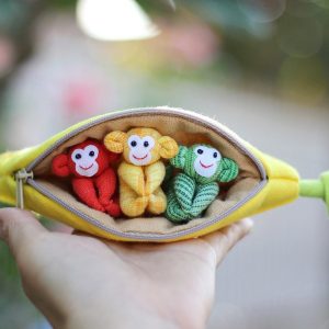 Adorable Trio of Monkeys in a Banana Zip Purse Handmade Organic Plush Toys for Home Decor or Children’s Items