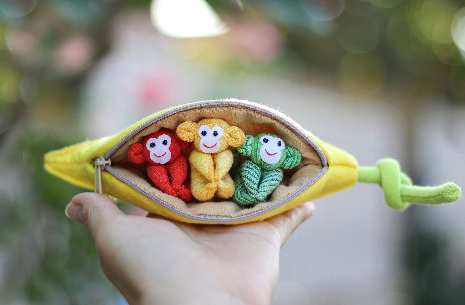 Adorable Trio of Monkeys in a Banana Zip Purse Handmade Organic Plush Toys for Home Decor or Children’s Items - Image 6