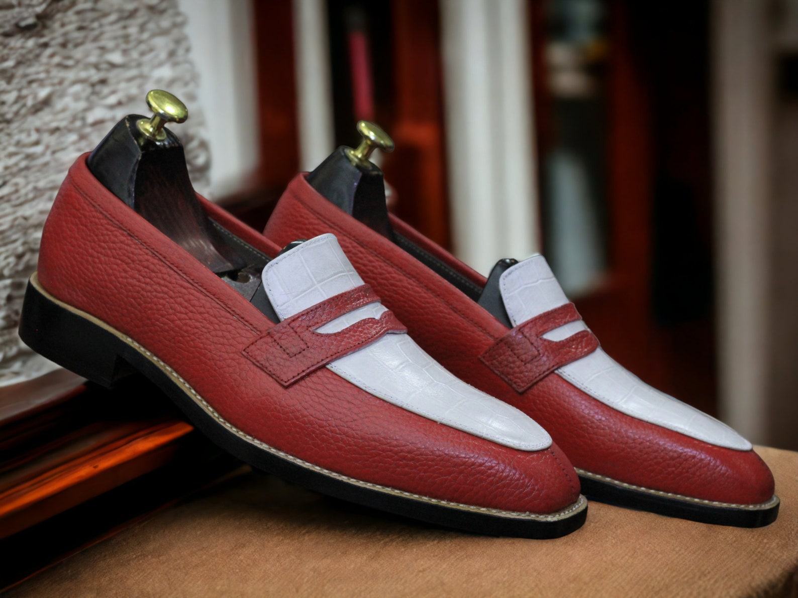 Alligator Print Leather Loafers Bespoke Black & White Dress Shoes for Men - Image 2