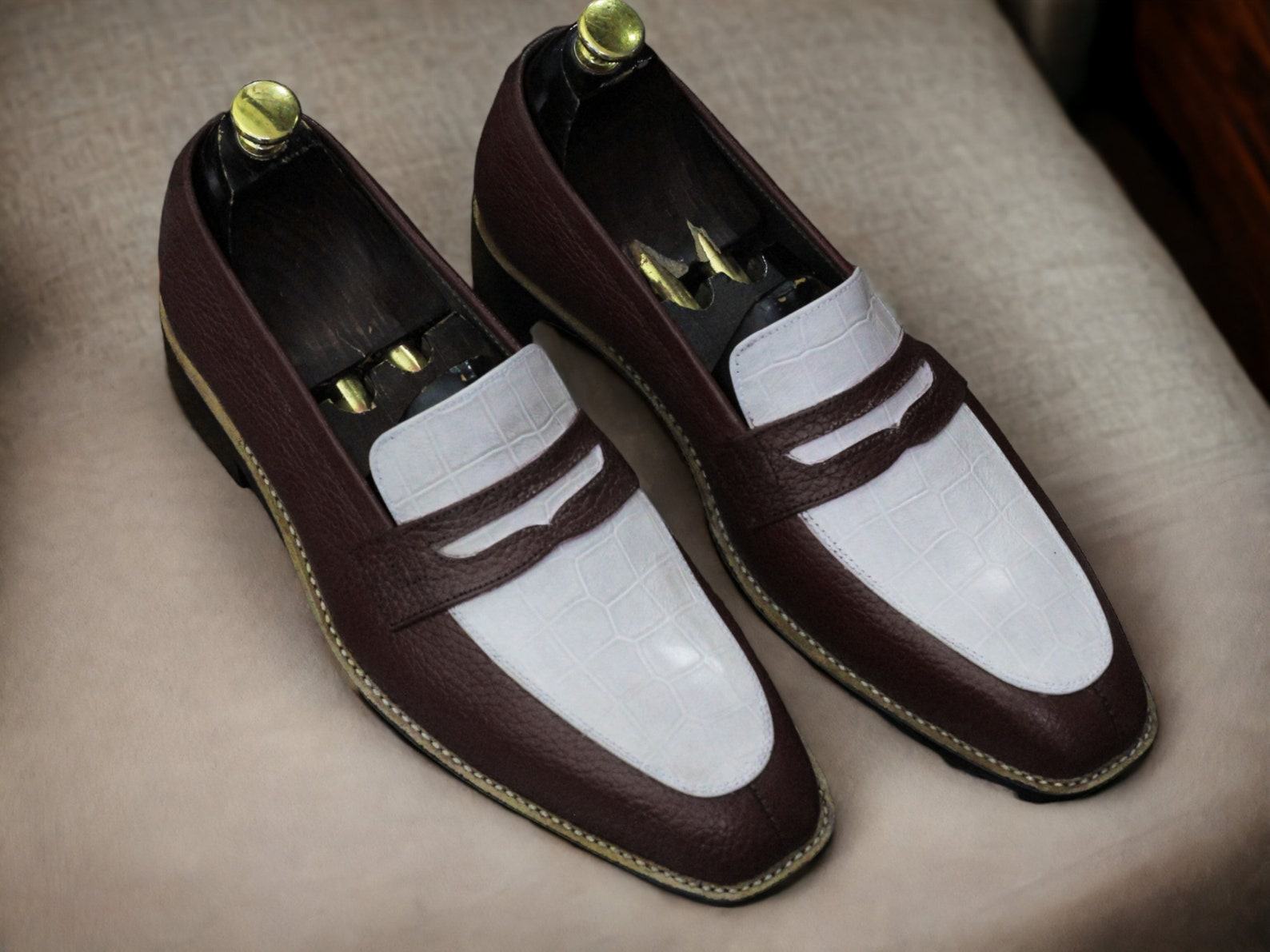 Alligator Print Leather Loafers Bespoke Black & White Dress Shoes for Men - Image 4