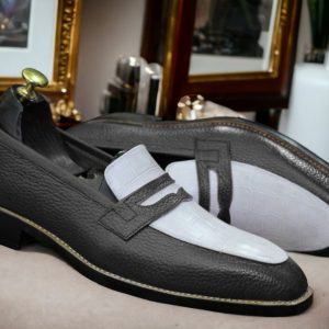Alligator Print Leather Loafers Bespoke Black & White Dress Shoes for Men