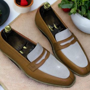 Alligator Print Leather Loafers Bespoke Black & White Dress Shoes for Men