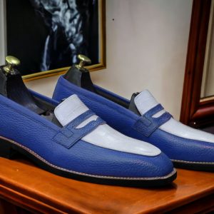 Alligator Print Leather Loafers Bespoke Black & White Dress Shoes for Men