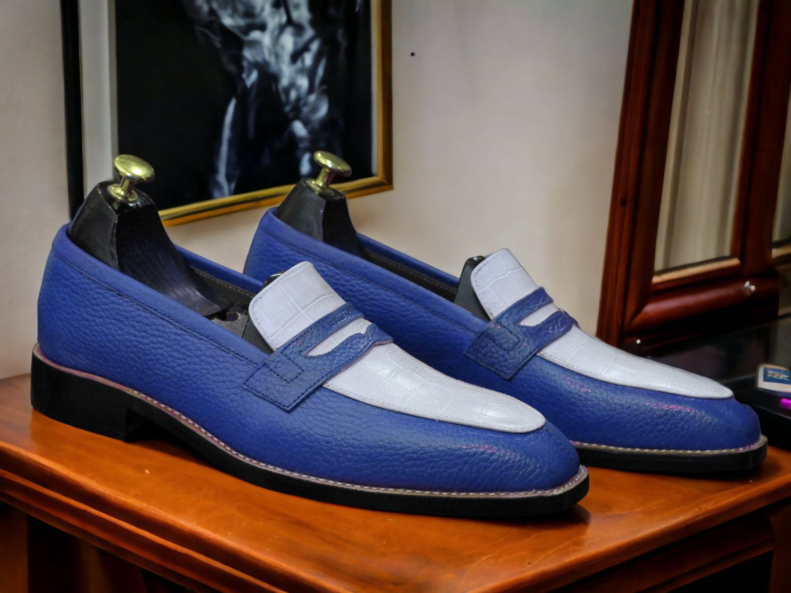 Alligator Print Leather Loafers Bespoke Black & White Dress Shoes for Men - Image 3