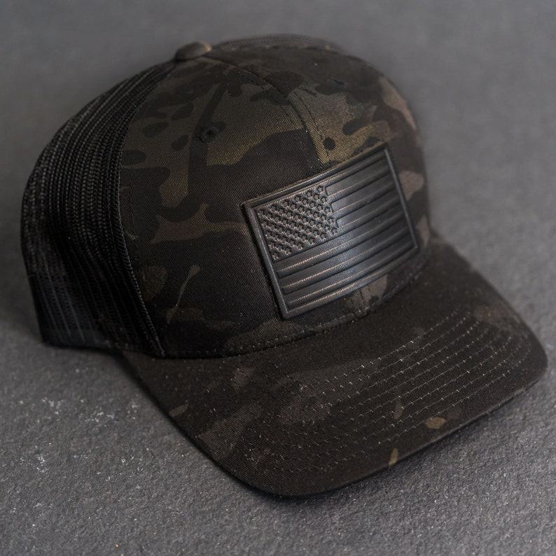 American Flag Trucker Hat Black Multicam with Personalized Leather Patch