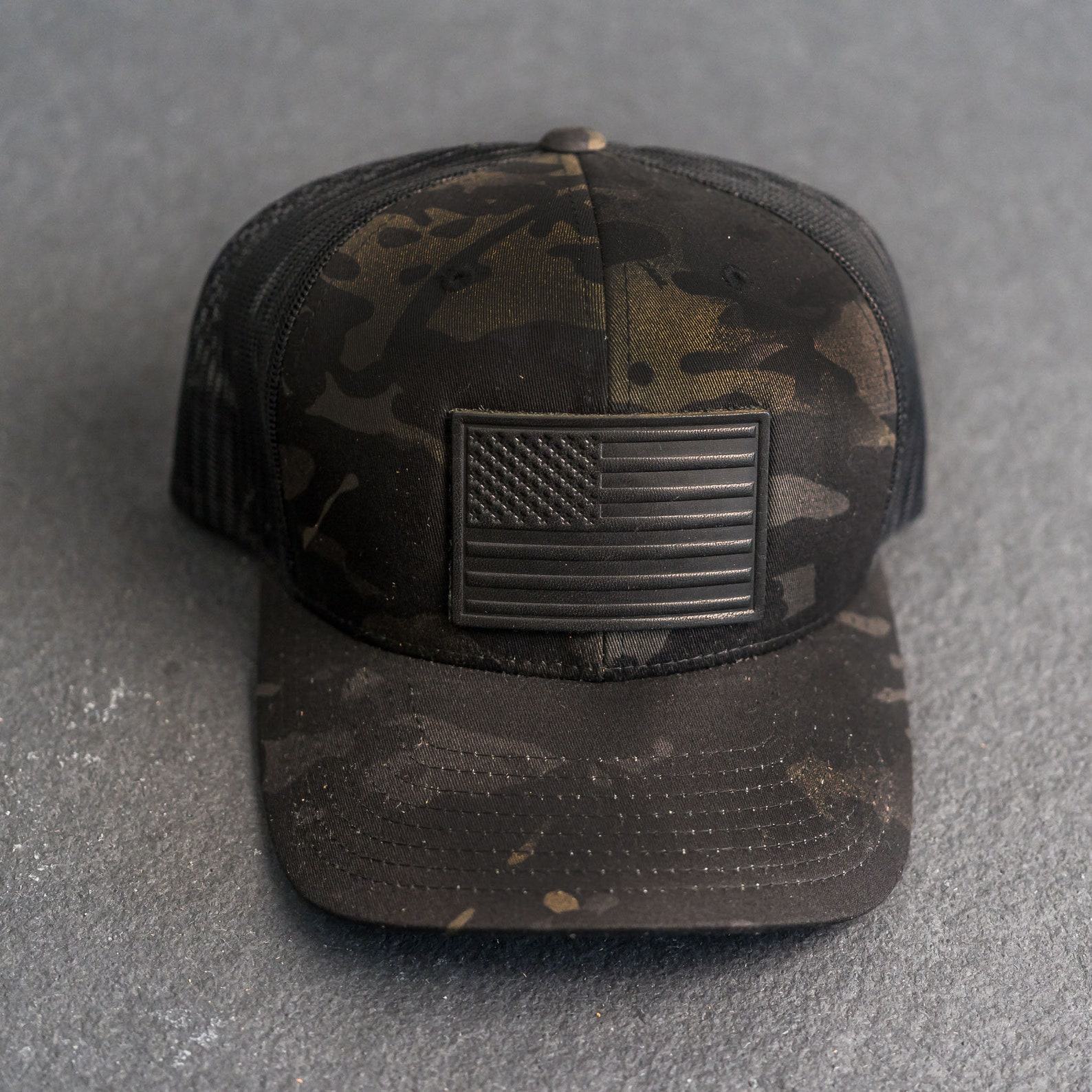American Flag Trucker Hat Black Multicam with Personalized Leather Patch