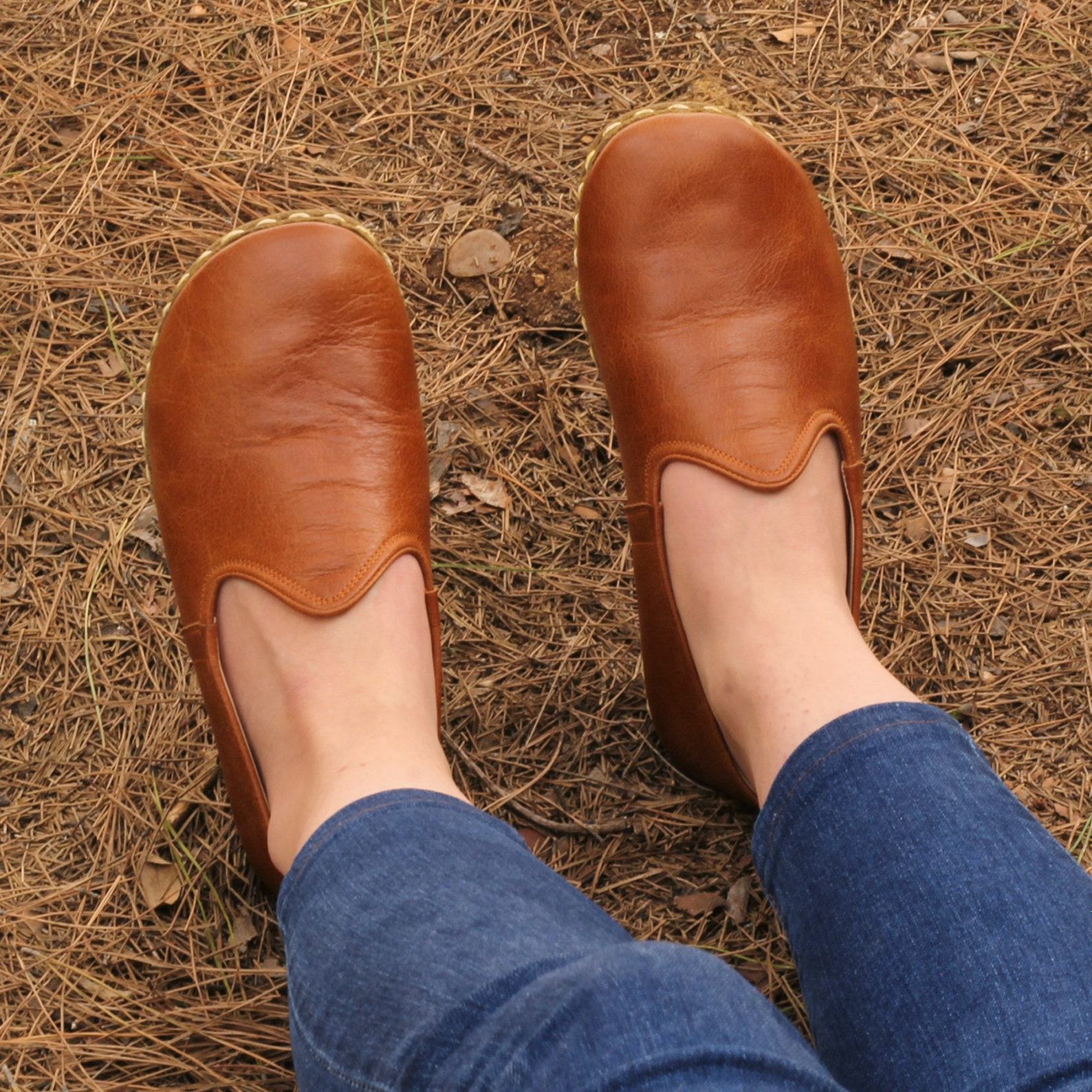 Antique Brown Leather Barefoot Moccasins – Wide Toe Grounding Shoes for Women