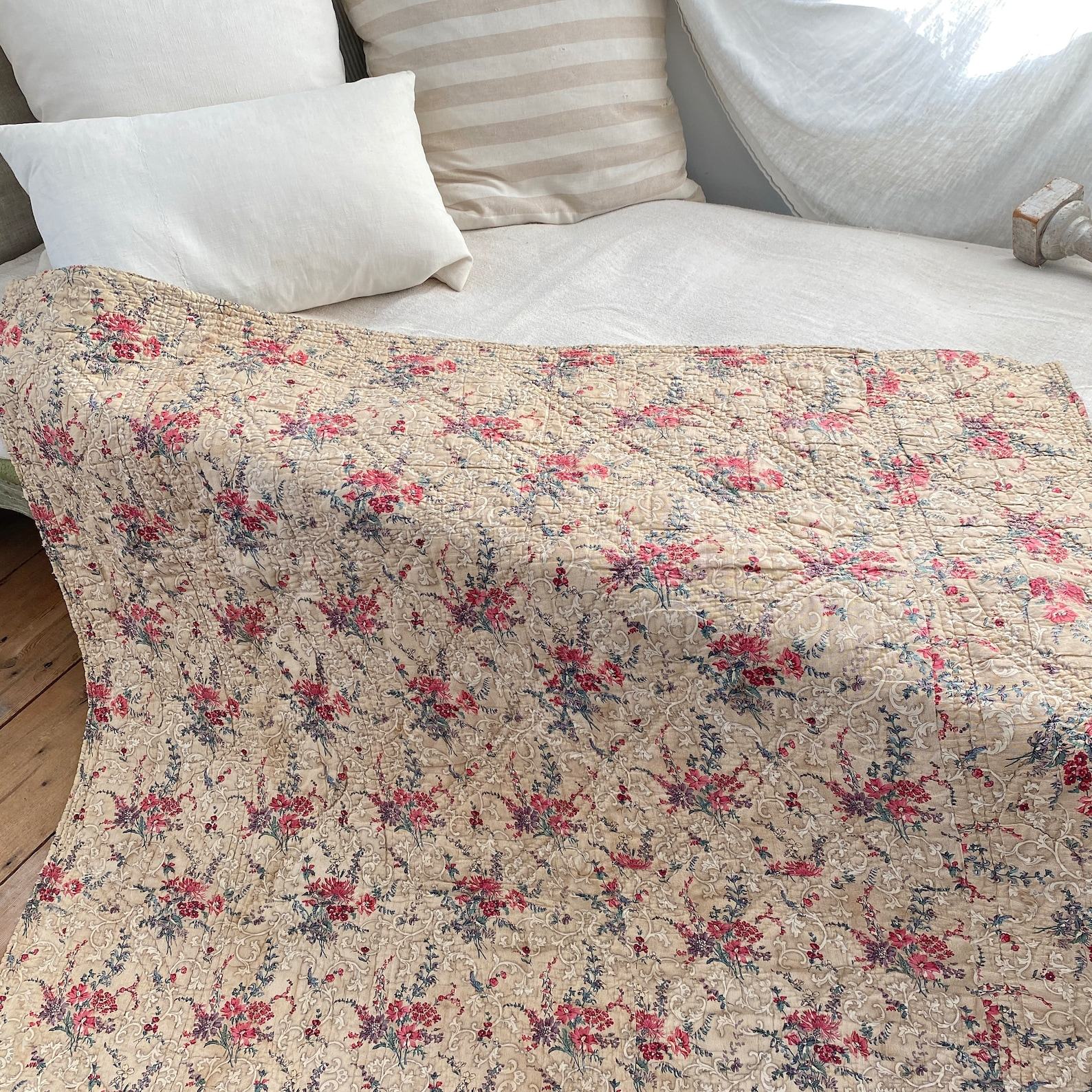 Antique French Chintz Quilt Handcrafted Elegance in Quilted Cotton