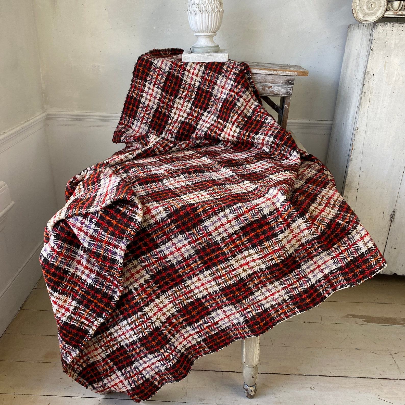 Antique Handwoven Plaid Wool Blanket A Timeless European Heirloom for Your Home