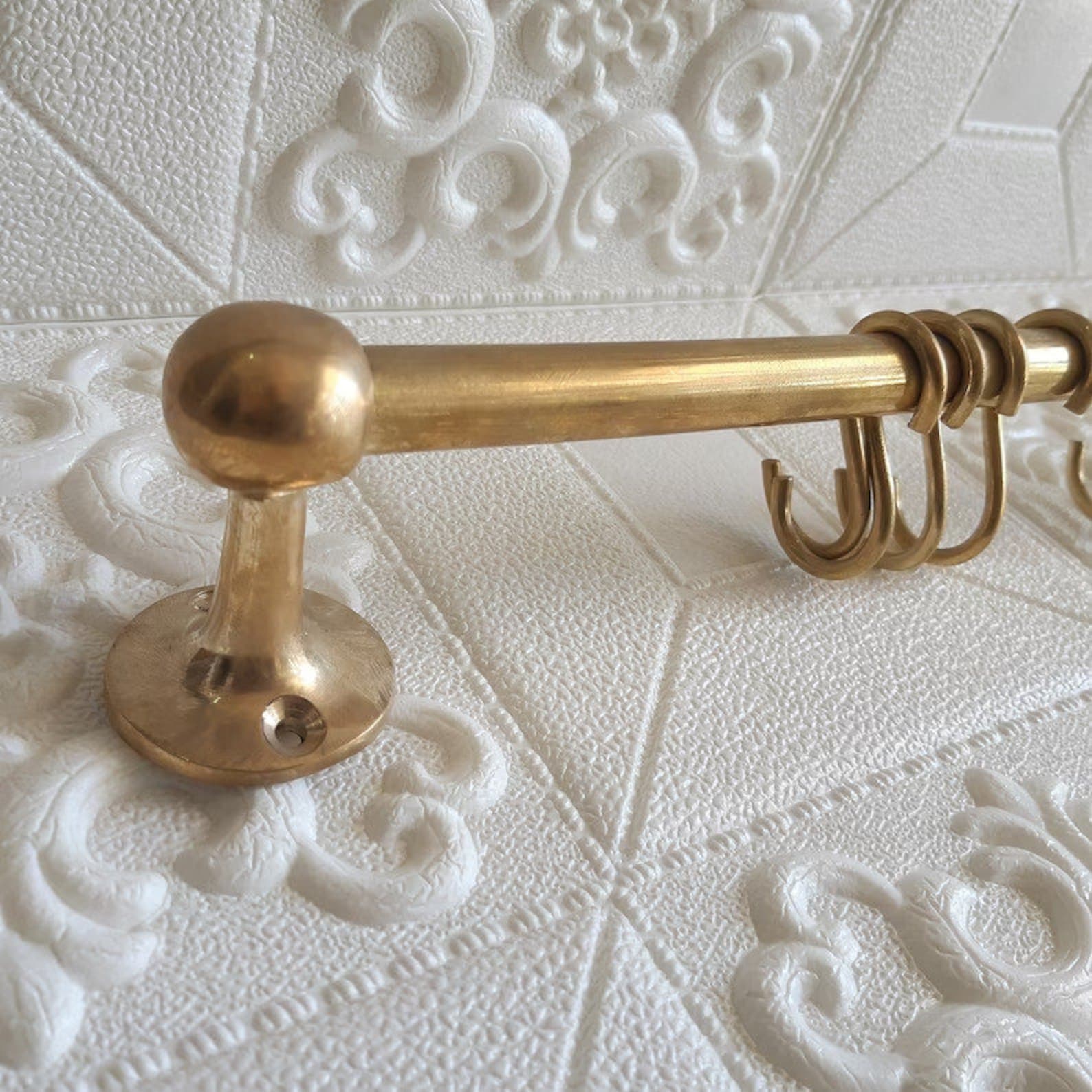 Antique Unlacquered Brass Pot Rail with S Hooks Vintage Handmade Gold Brass Pot Rack for Rustic Wall Mounting