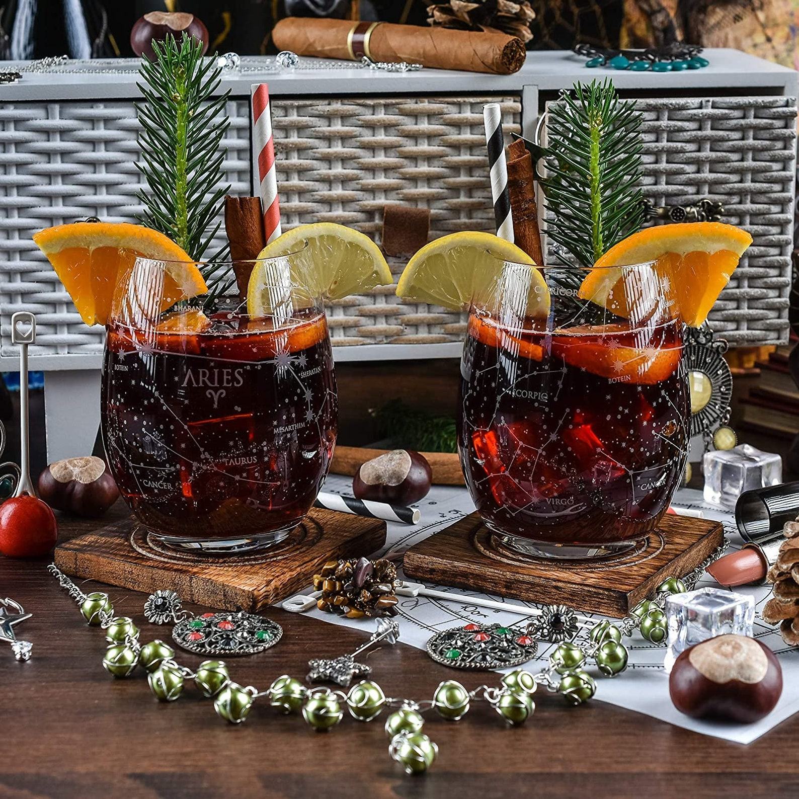 Aries Etched Stemless Wine Glasses Celestial Sips for the Ram