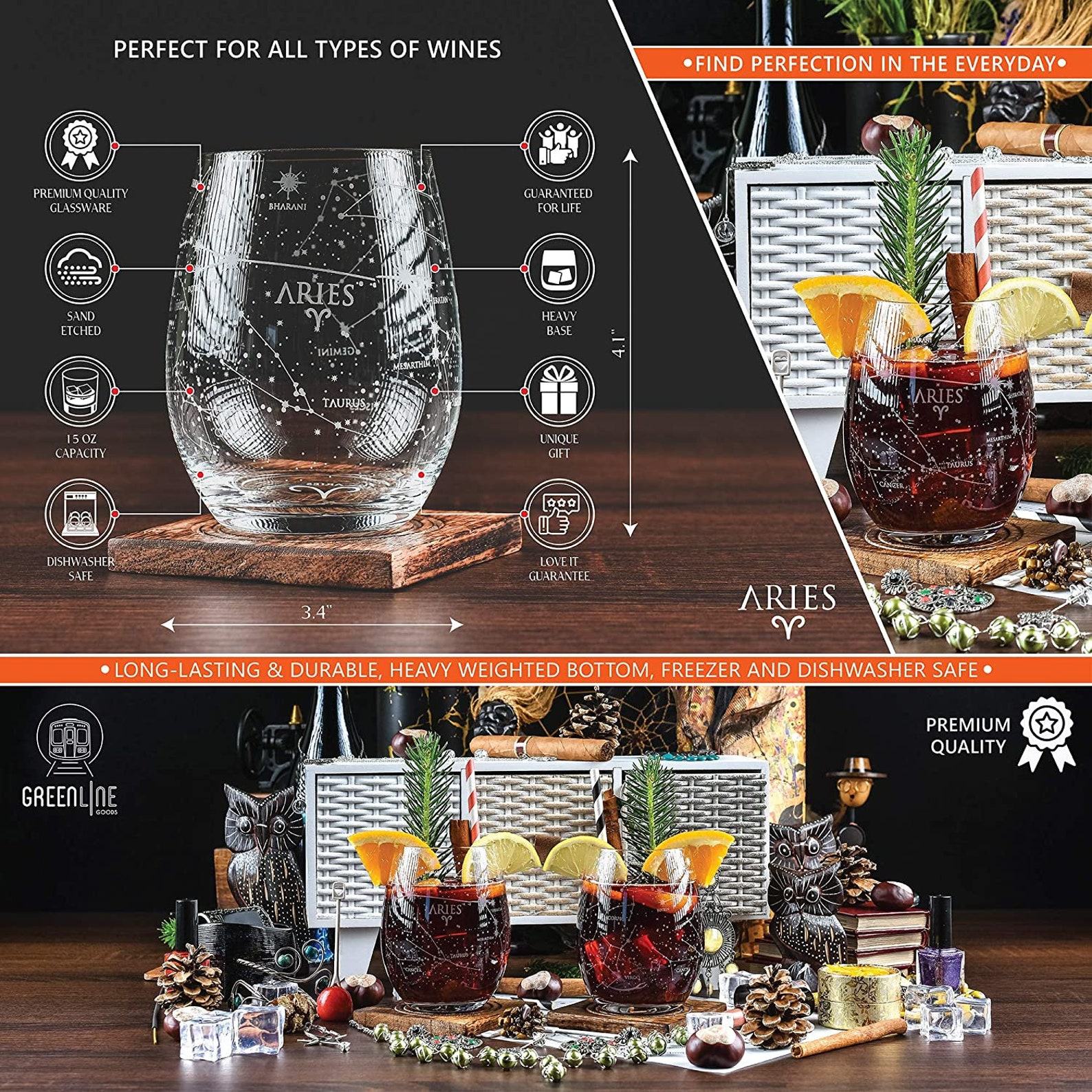 Aries Etched Stemless Wine Glasses Celestial Sips for the Ram